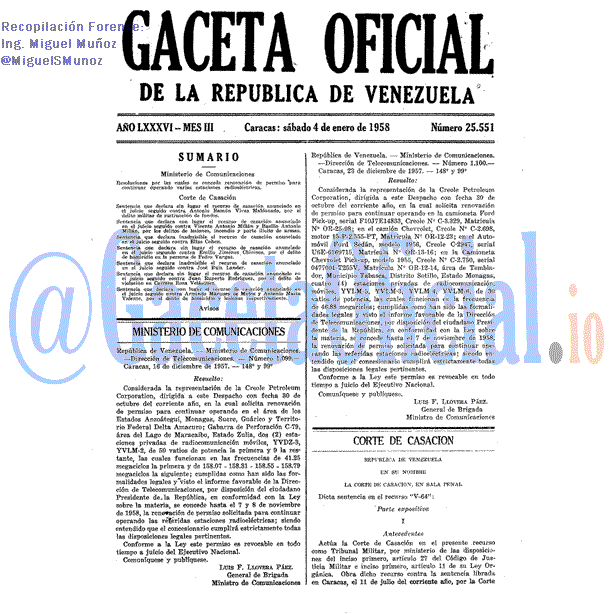 Gaceta Oficial 25551 del 4 Enero 1958