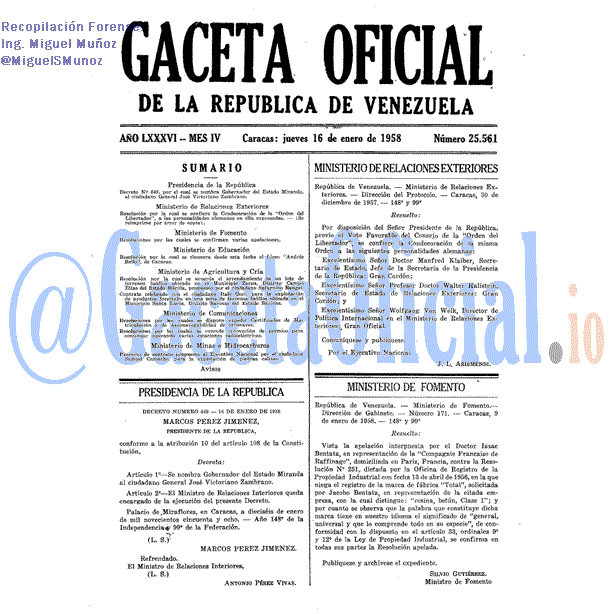 Gaceta Oficial 25561 del 16 Enero 1958