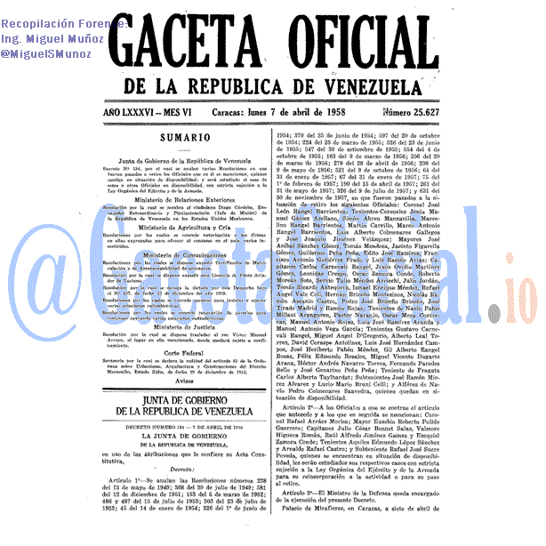 Gaceta Oficial 25627 del 7 Abril 1958