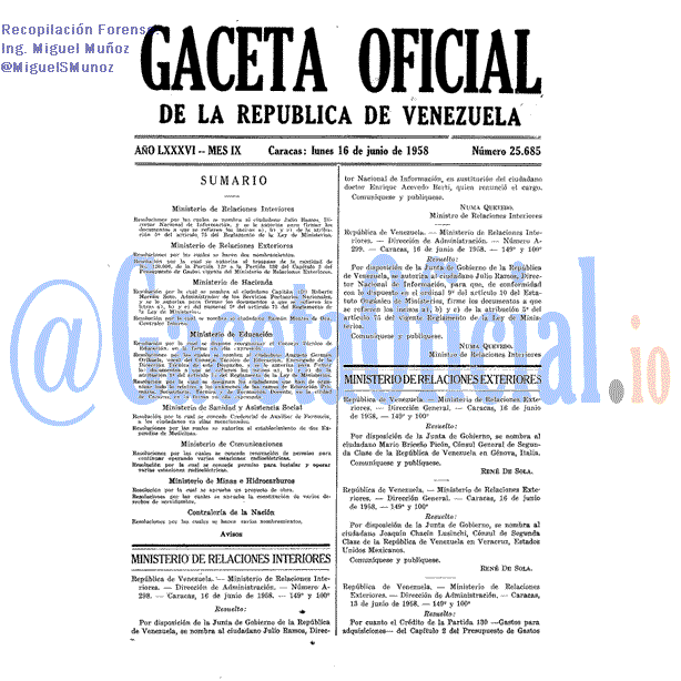 Gaceta Oficial 25685 del 16 Junio 1958