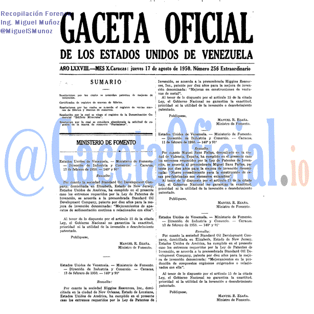 Gaceta Oficial 256 del 17 Agosto 1950