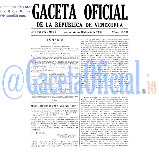 Gaceta Oficial 25711 del 18 Julio 1958