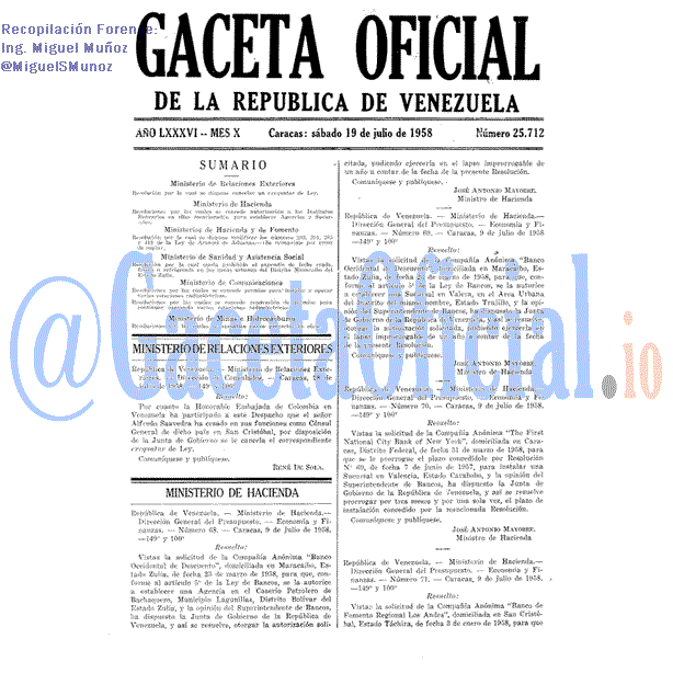 Gaceta Oficial 25712 del 19 Julio 1958