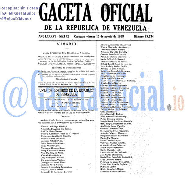 Gaceta Oficial 25734 del 15 Agosto 1958