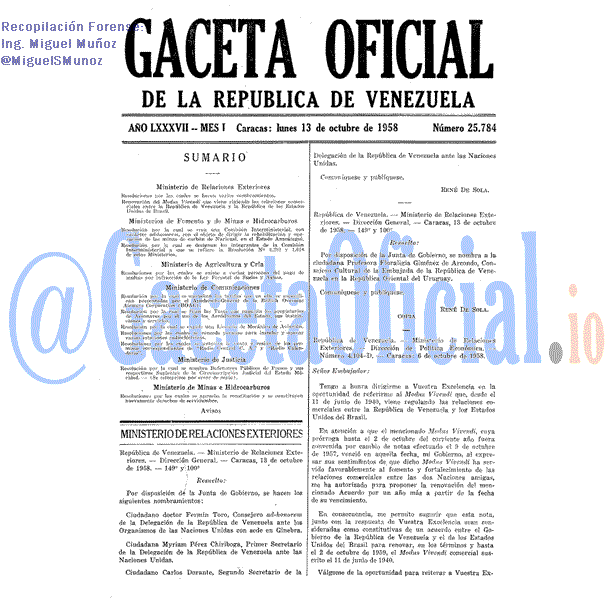 Gaceta Oficial 25784 del 13 Octubre 1958