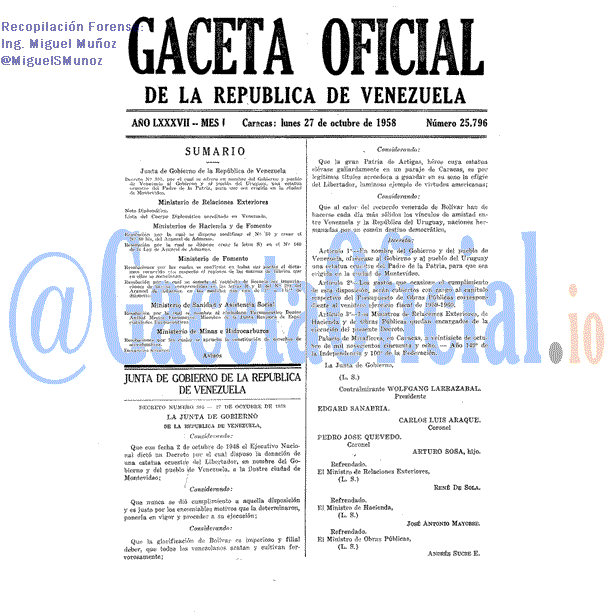Gaceta Oficial 25796 del 27 Octubre 1958