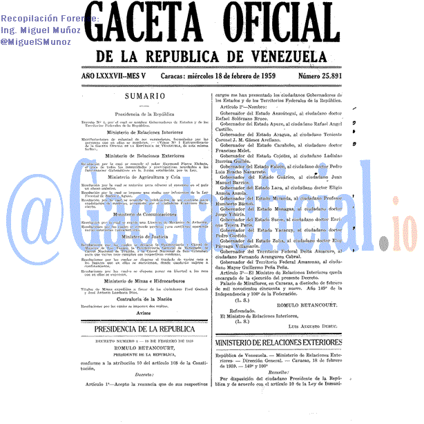 Gaceta Oficial 25891 del 18 Febrero 1959