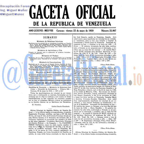 Gaceta Oficial 25967 del 22 Mayo 1959