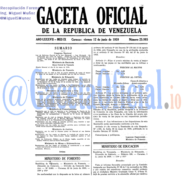 Gaceta Oficial 25985 del 12 Junio 1959