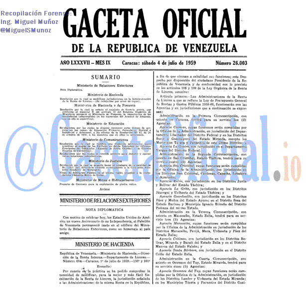 Gaceta Oficial 26003 del 4 Julio 1959