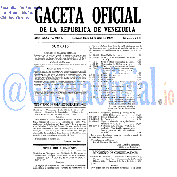 Gaceta Oficial 26010 del 13 Julio 1959