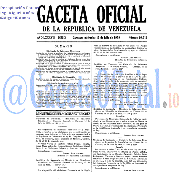 Gaceta Oficial 26012 del 15 Julio 1959