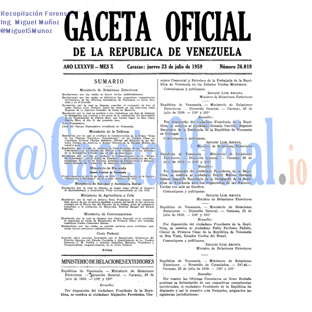 Gaceta Oficial 26019 del 23 Julio 1959