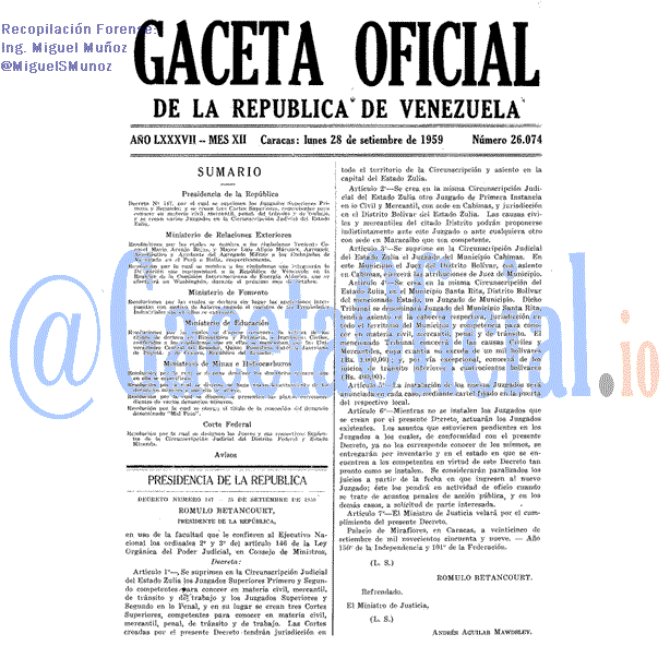 Gaceta Oficial 26074 del 28 Septiembre 1959