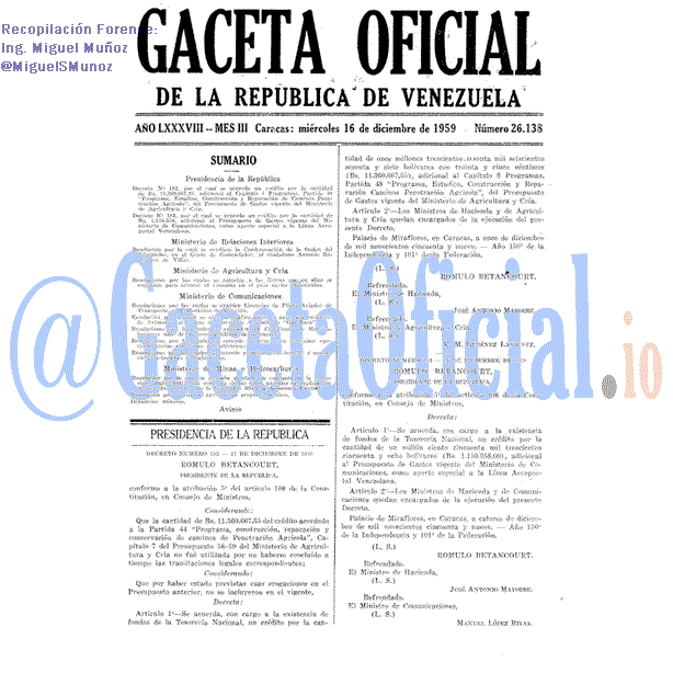 Gaceta Oficial 26138 del 16 Diciembre 1959