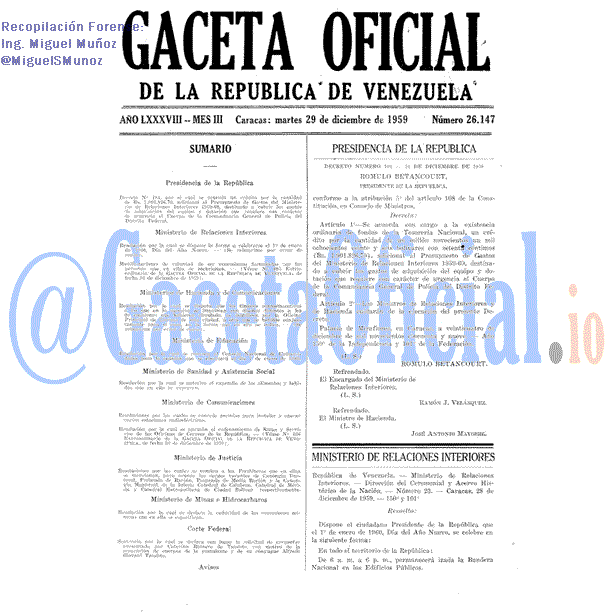 Gaceta Oficial 26147 del 29 Diciembre 1959