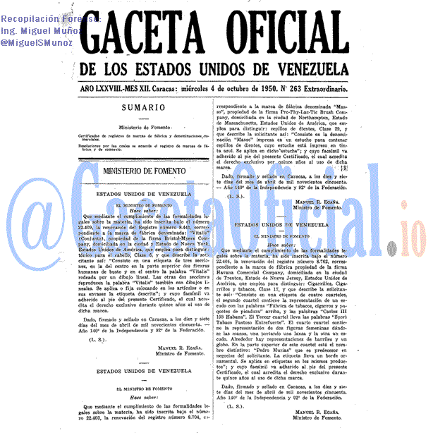Gaceta Oficial 263 del 4 Octubre 1950