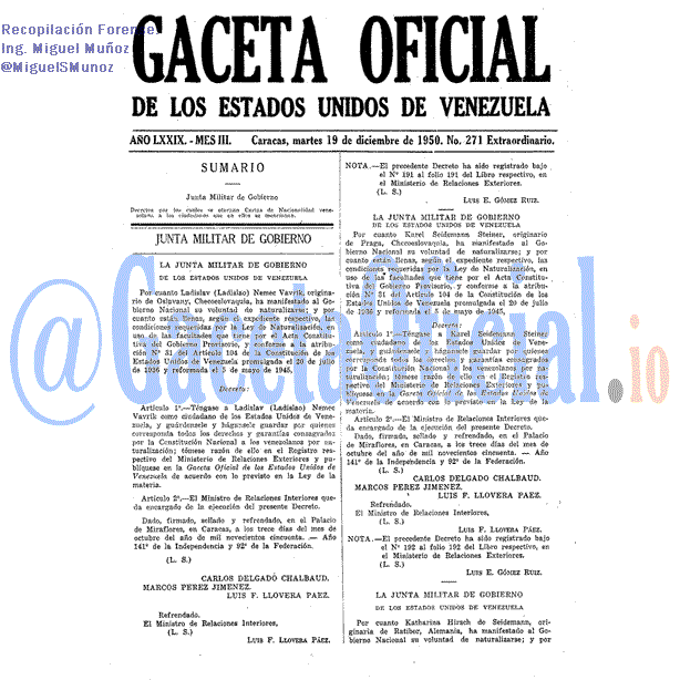 Gaceta Oficial 271 del 19 Diciembre 1950