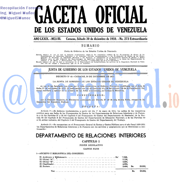 Gaceta Oficial 273 del 30 Diciembre 1950