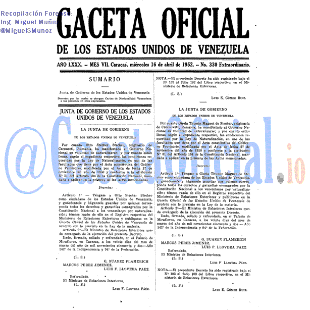 Gaceta Oficial 330 del 16 Abril 1952