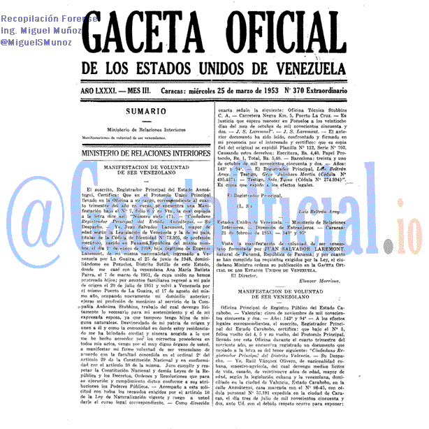 Gaceta Oficial 370 del 25 Marzo 1953