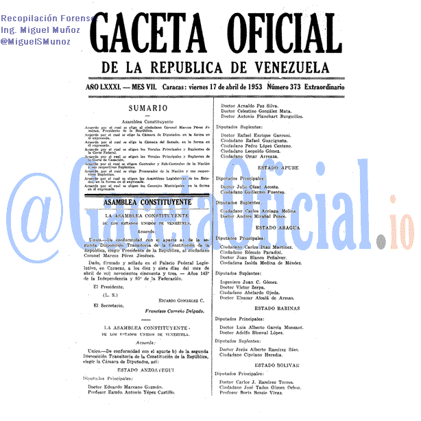 Gaceta Oficial 373 del 17 Abril 1953