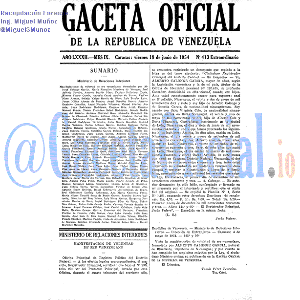 Gaceta Oficial 413 del 18 Junio 1954