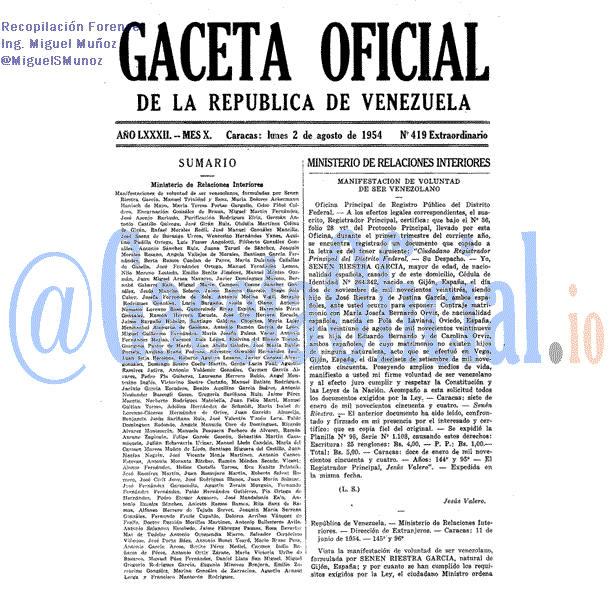 Gaceta Oficial 419 del 2 Agosto 1954