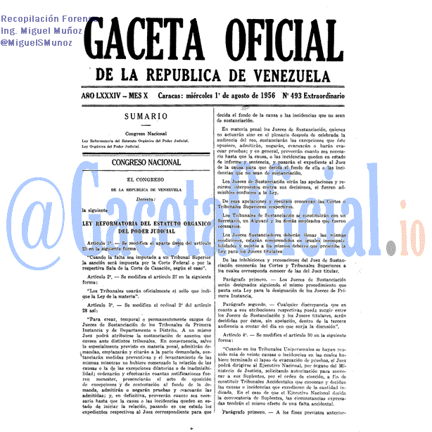 Gaceta Oficial 493 del 1 Agosto 1956