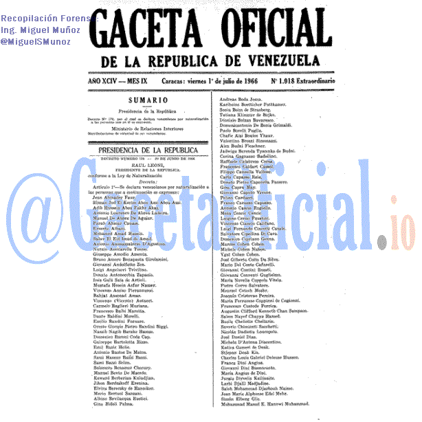 Gaceta Oficial 1018 del 1 Julio 1966