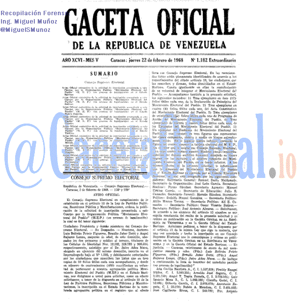 Gaceta Oficial 1182 del 22 Febrero 1968