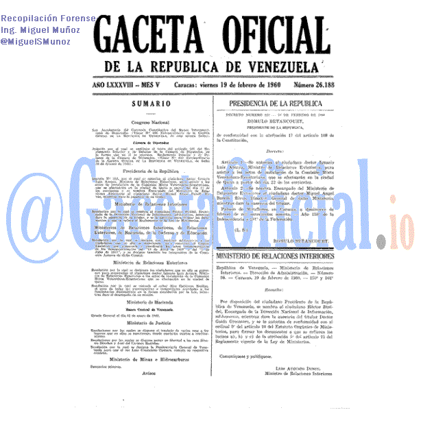 Gaceta Oficial 26188 del 19 Febrero 1960
