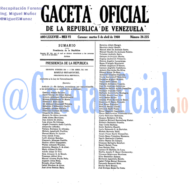 Gaceta Oficial 26225 del 5 Abril 1960