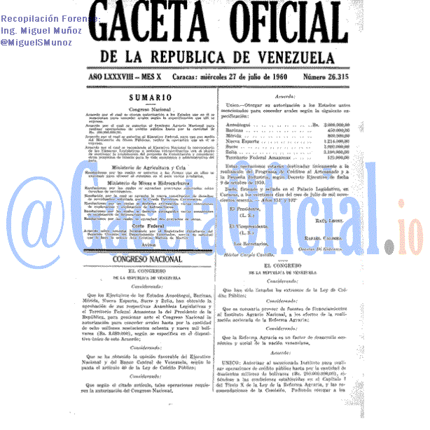 Gaceta Oficial 26315 del 27 Julio 1960