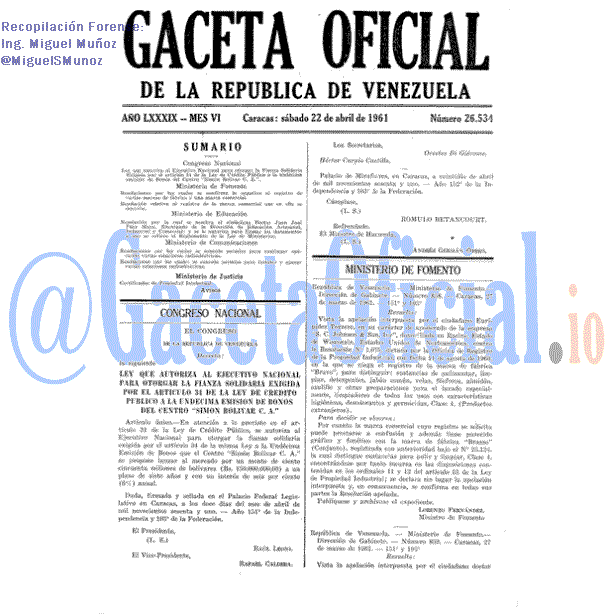 Gaceta Oficial 26534 del 22 Abril 1961