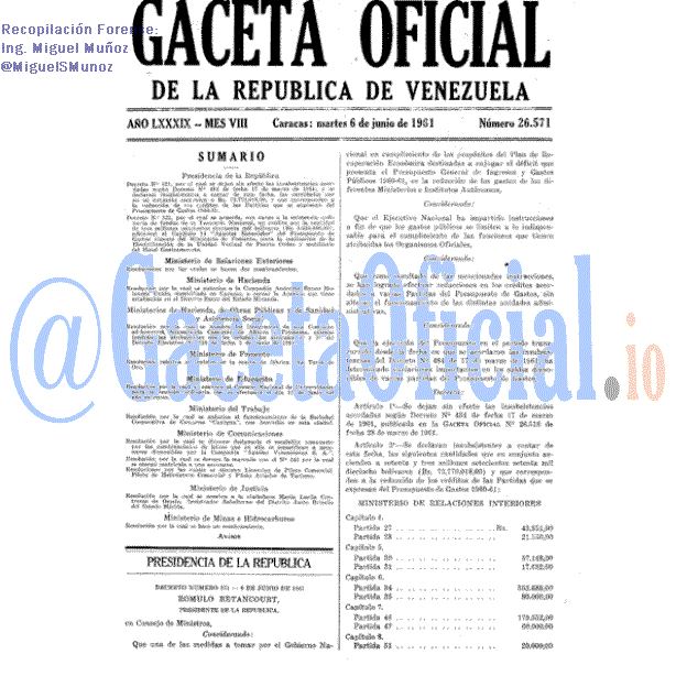 Gaceta Oficial 26571 del 6 Junio 1961