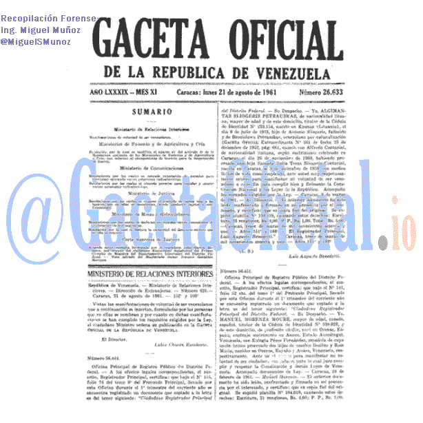 Gaceta Oficial 26633 del 21 Agosto 1961