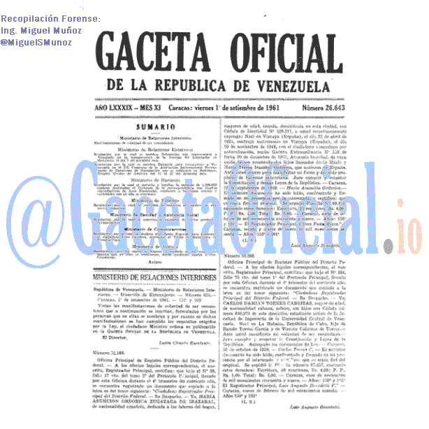 Gaceta Oficial 26643 del 1 Septiembre 1961