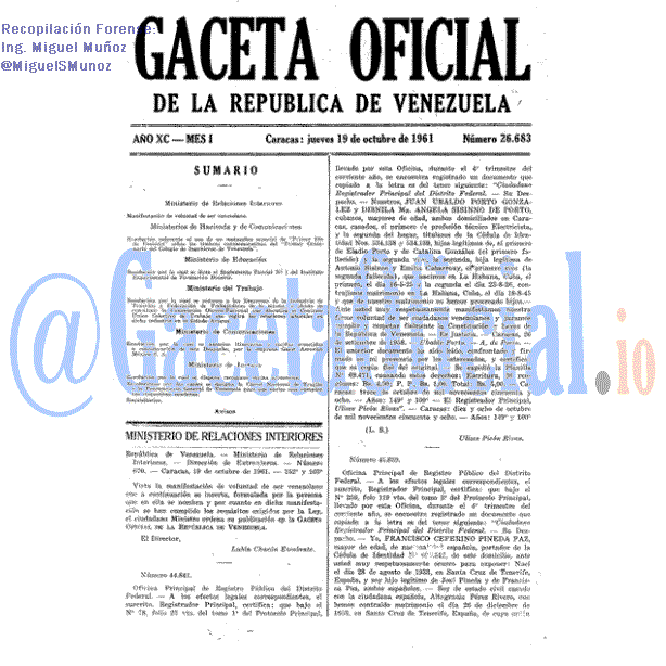 Gaceta Oficial 26683 del 19 Octubre 1961