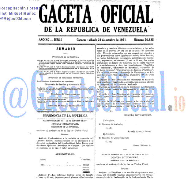 Gaceta Oficial 26685 del 21 Octubre 1961