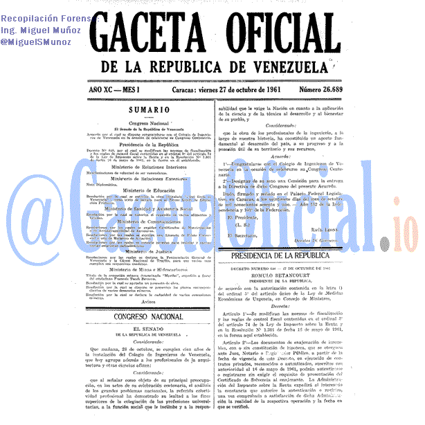 Gaceta Oficial 26689 del 27 Octubre 1961