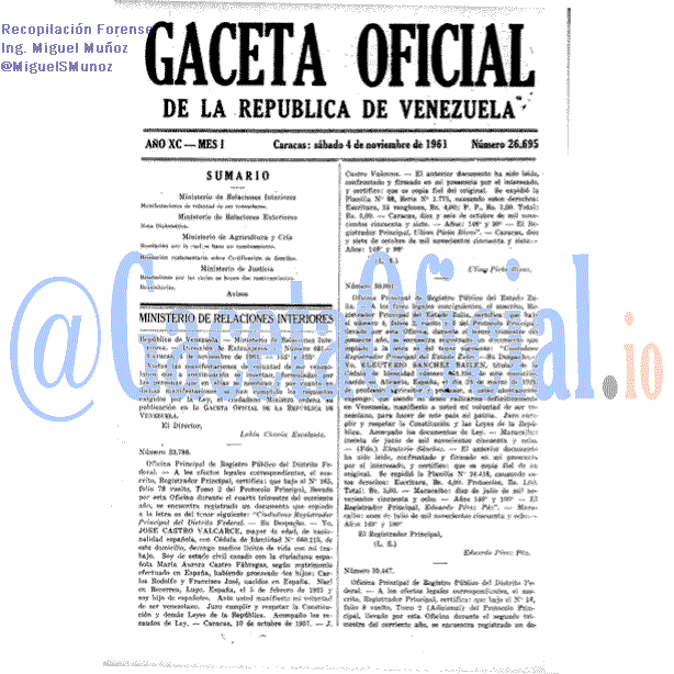 Gaceta Oficial 26695 del 4 Noviembre 1961