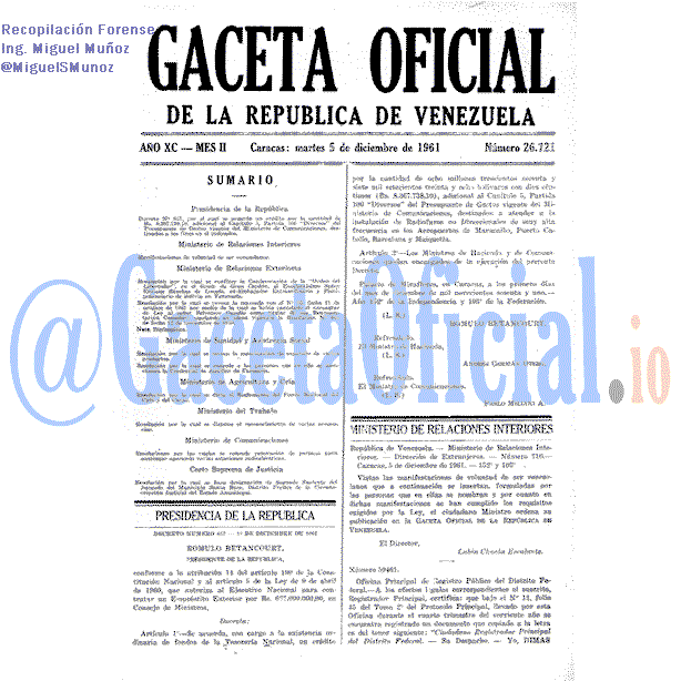Gaceta Oficial 26721 del 5 Diciembre 1961