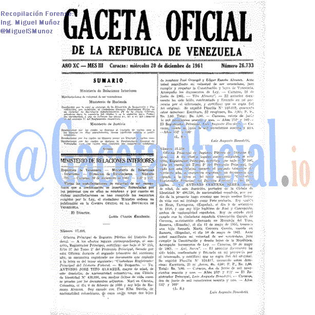 Gaceta Oficial 26733 del 20 Diciembre 1961