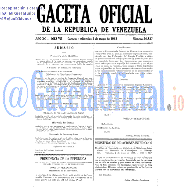 Gaceta Oficial 26837 del 2 Mayo 1962