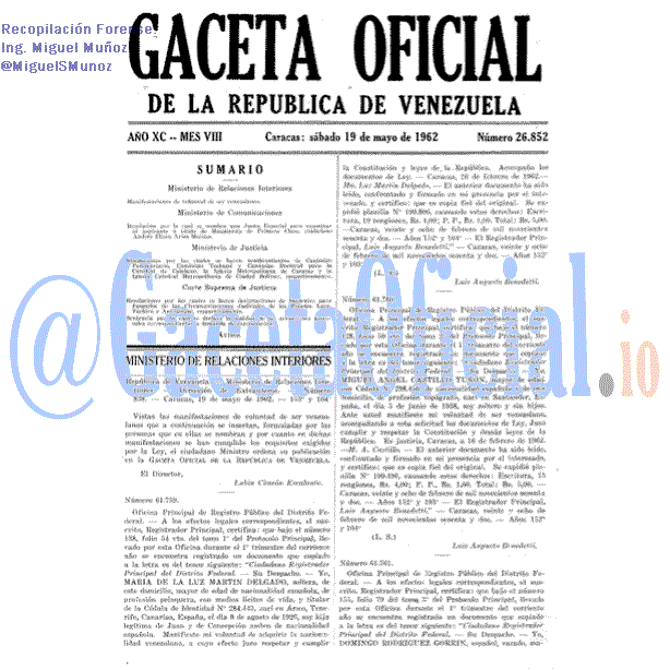 Gaceta Oficial 26852 del 19 Mayo 1962