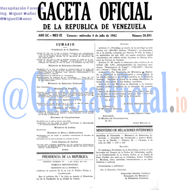 Gaceta Oficial 26891 del 4 Julio 1962