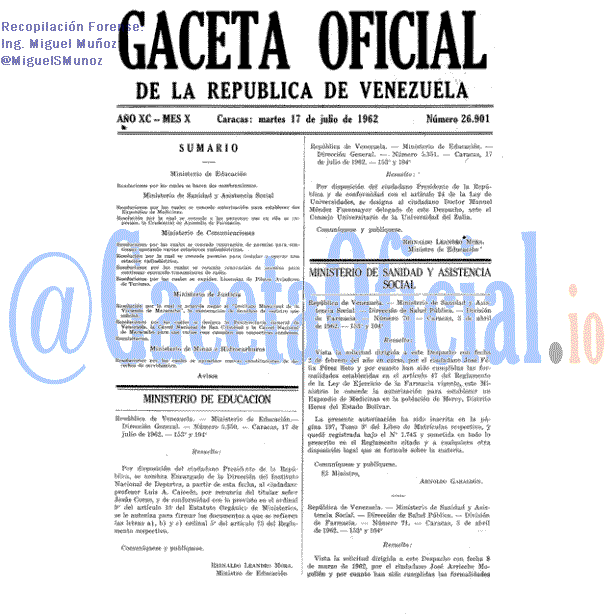 Gaceta Oficial 26901 del 17 Julio 1962