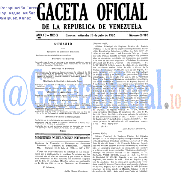 Gaceta Oficial 26902 del 18 Julio 1962
