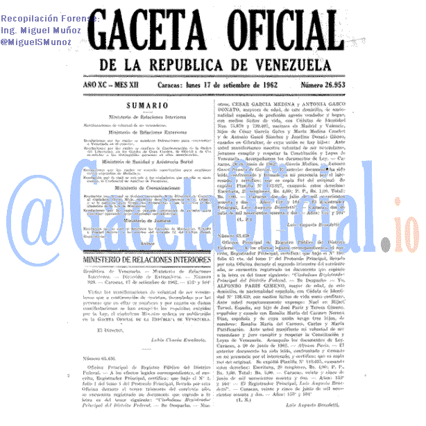 Gaceta Oficial 26953 del 17 Septiembre 1962